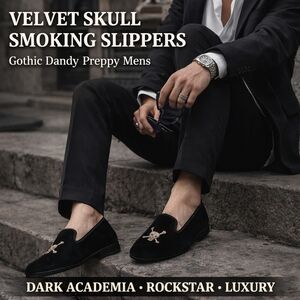 VTG Velvet Skull Embroidered Smoking Slippers Loafers Gothic Dark Academia Dandy